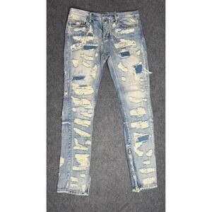 mnml M1 Denim Light Wash Distressed Repaired Slim Fit Jeans Mens 33‎ Ankle Zip